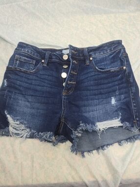 Risen High-Rise Distressed Dark Blue Denim Shorts Size Medium Button Fly
